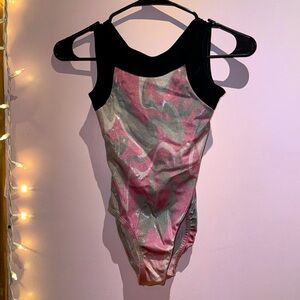 Pink and gray swirl leotard with black velvet trim